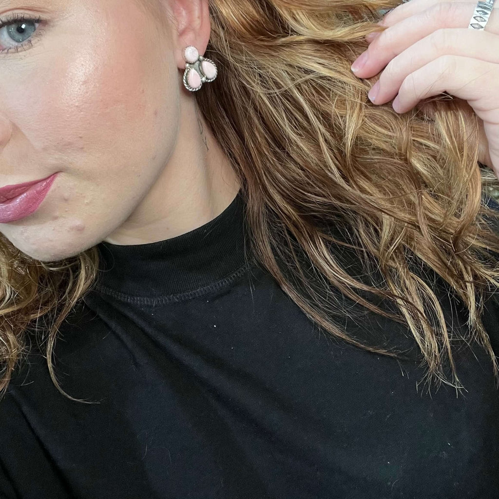 3 Stone Pink Conch Half Cluster Post Sterling Silver Earring 