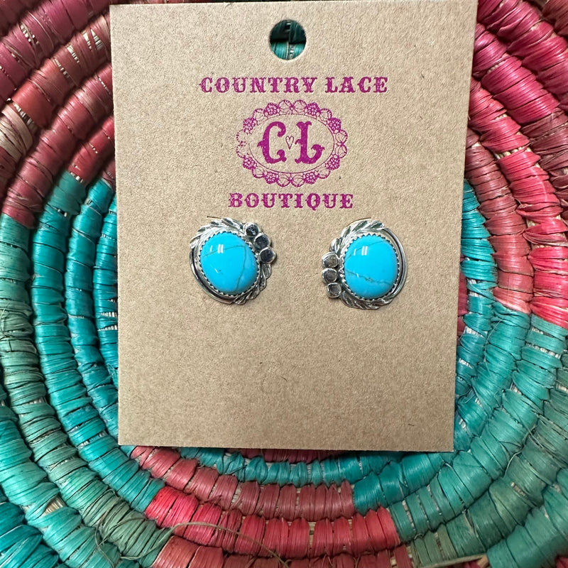 Big Turquoise with Silver Detail  Stud Genuine Earring