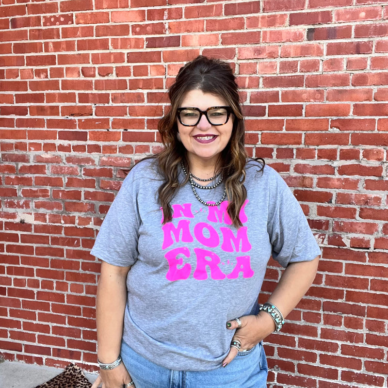 In My Mom Era Heather Gray with Hot Pink V Neck T-shirt