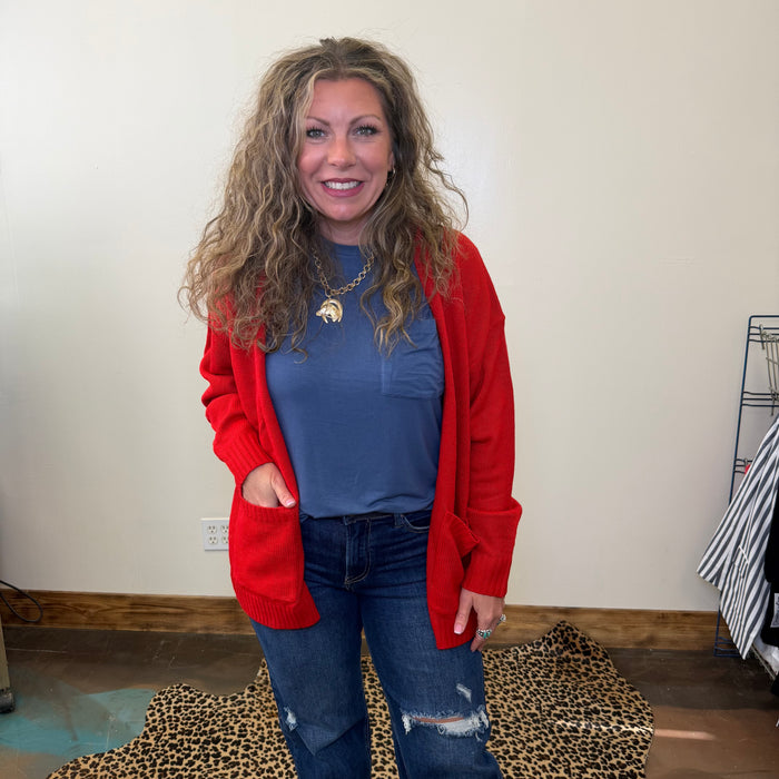 Red Long Sleeve Sweater Cardigan