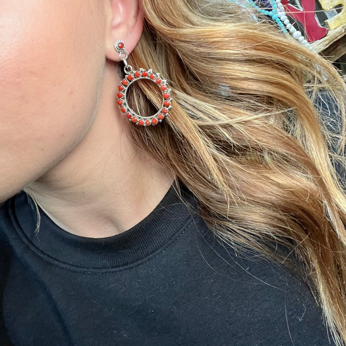 Unique Zuni Coral Dangle Post Sterling Silver Earring