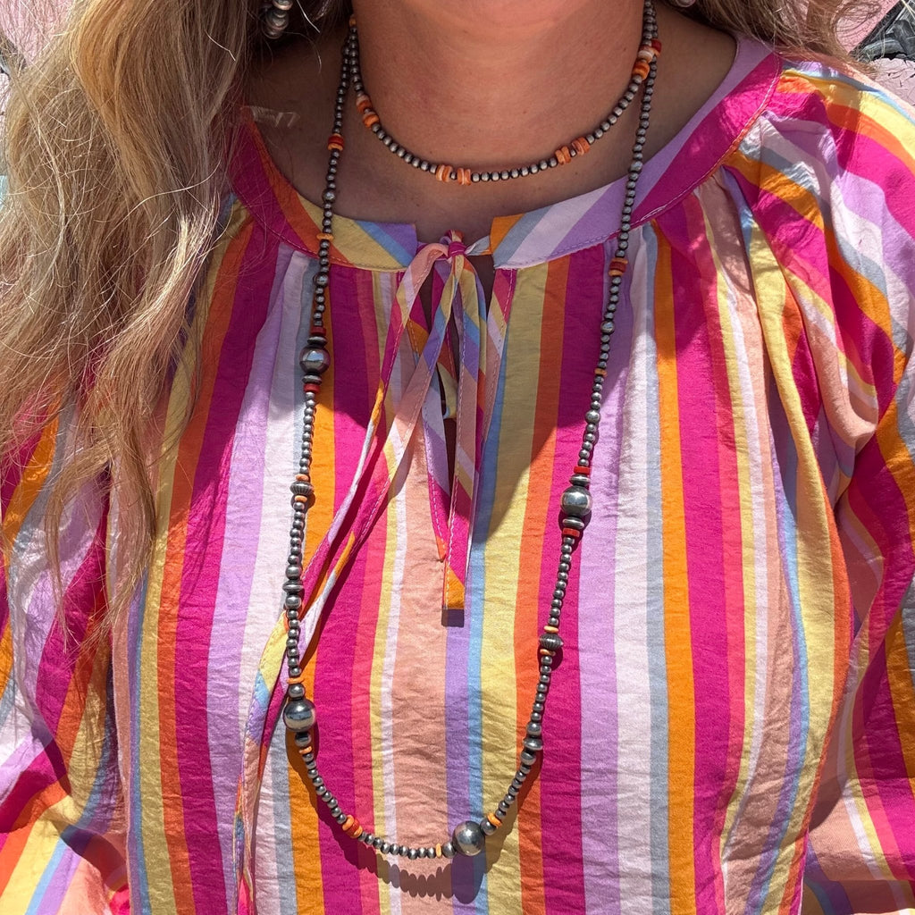 14 inch with 2 inch extender 4mm Navajo Pearl with Orange Spiny Patterned Sterling Silver Necklace - Country Lace Boutique
