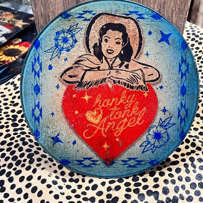 Round Honky Tonky Angel Glass Cutting Board