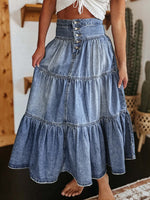 Tiered Button-Fly Denim Skirt