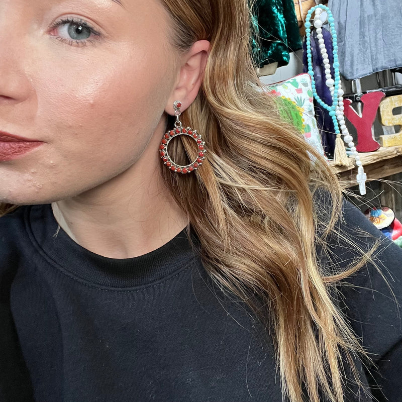 Unique Zuni Coral Dangle Post Sterling Silver Earring