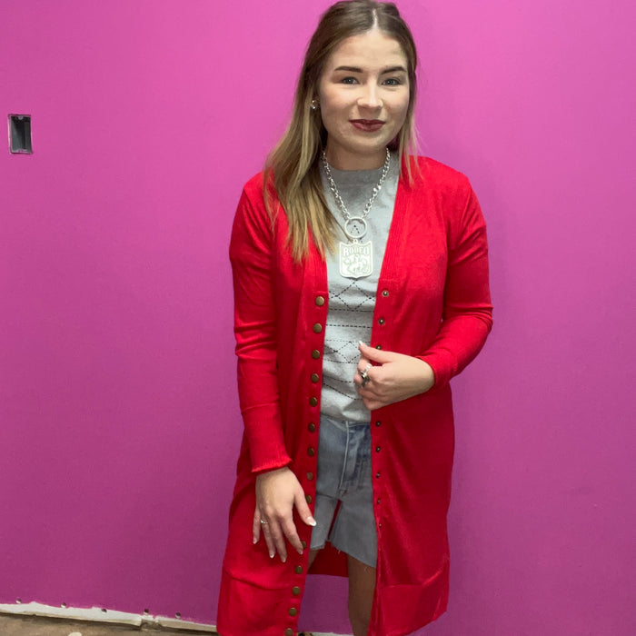 Red Snap Down w/ Pockets Long Sleeve Soft Cardigan