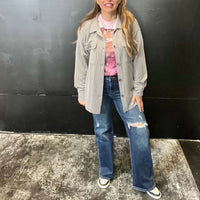  grey ribbed big button top shacket