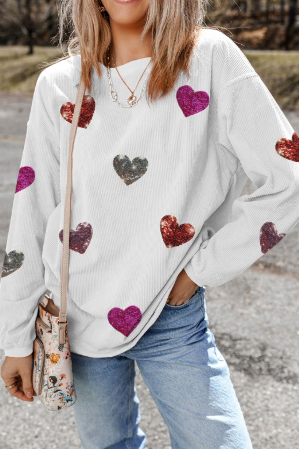 Valentine’s Day Sequin Heart Round Neck Long Sleeve Sweatshirt