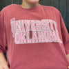 Red sweatshirt with 'The University of Oklahoma' printed on it against a dark background