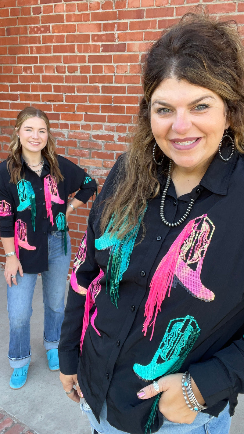 Rock & Roll Black Sequined Boot Overshirt Button Down Top