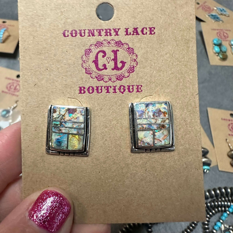 Spider Opal Square Inlay Post Stud Genuine Earring