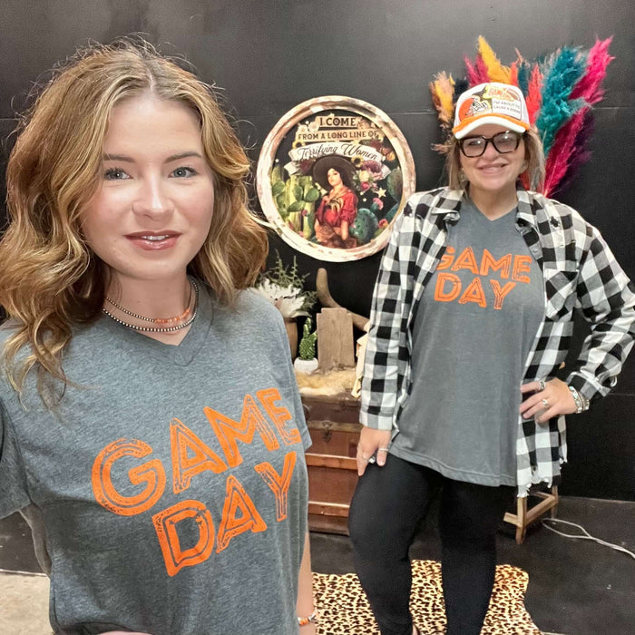 Heather Charcoal Grey Game Day with Orange V- Neck T-shirt