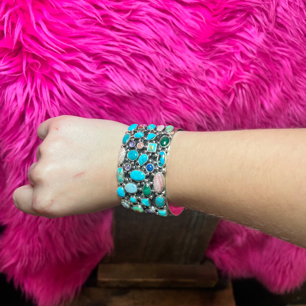 Stunning Wide Multi Stone Sterling Silver with Detail Cuff Genuine Bracelet