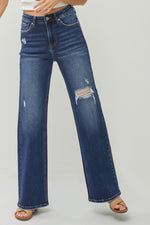 RISEN Dark High Rise Distressed Wide Leg Jeans