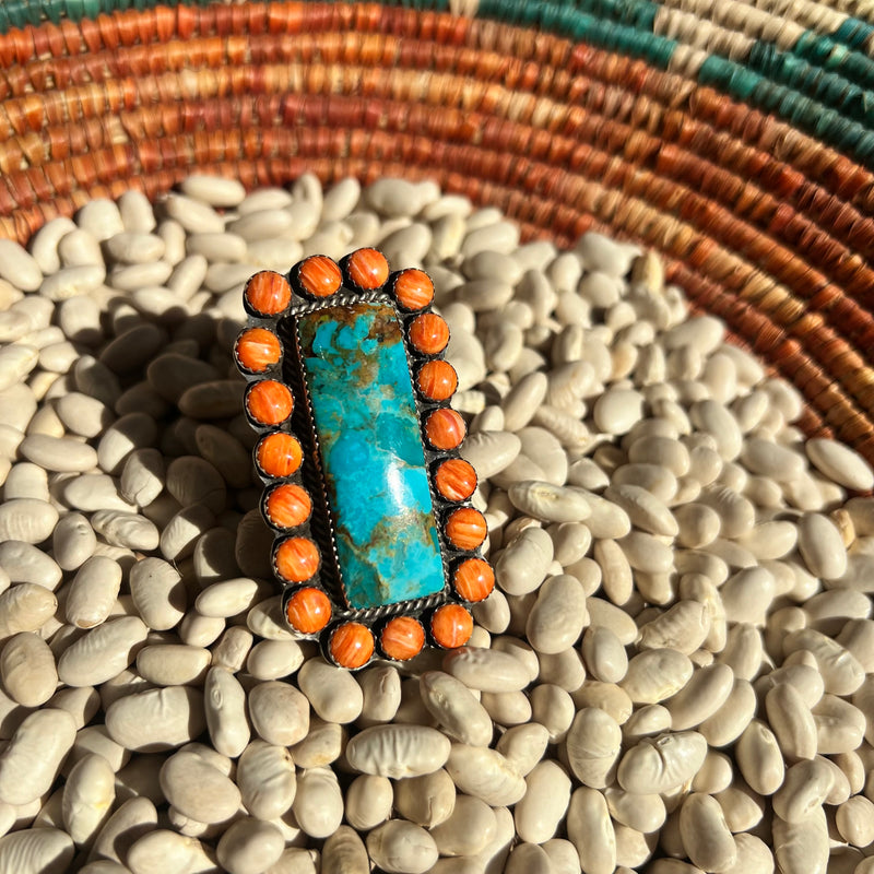 Big Turquoise & Orange Spiny Genuine Adjustable Ring