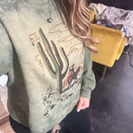Cactus and Cowboy Scene Green Bleached Cut Sweatshirt