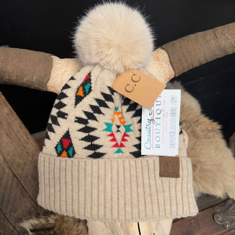 Beige Southwestern Tribal CC Beanie