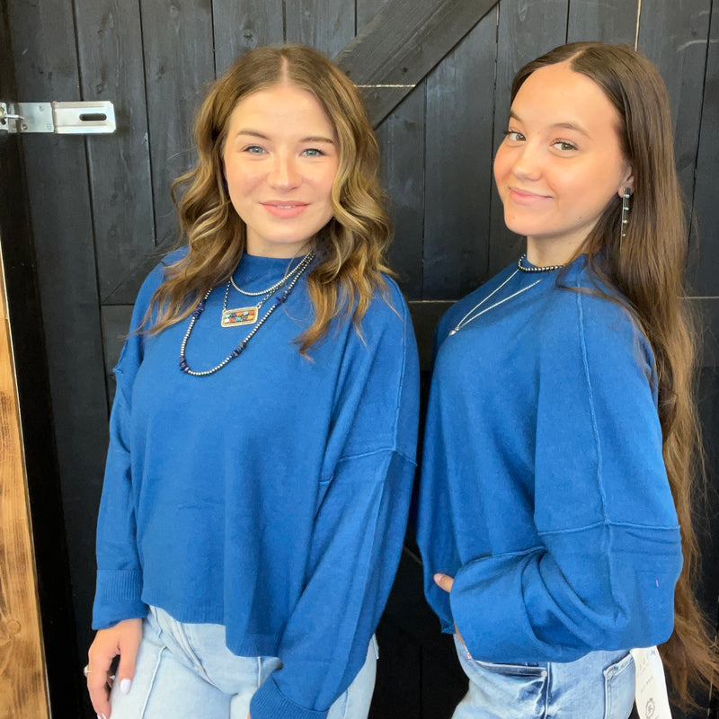 Blue Super Soft Inside Out Crop Long Sleeve Sweater
