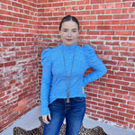 Blue Ruffle Shoulder Long Sleeve.