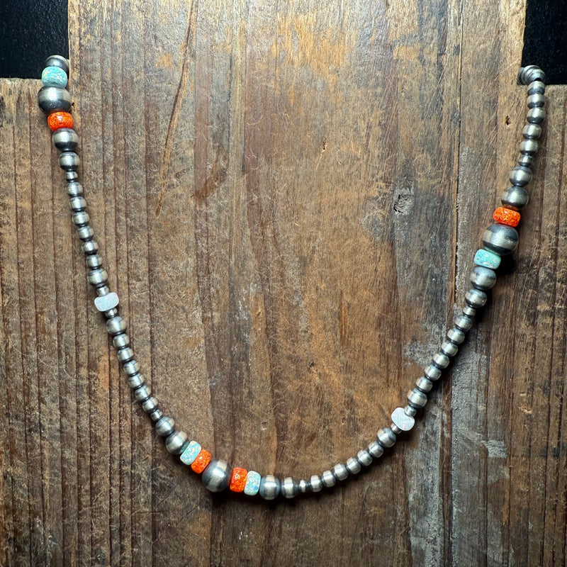16 inch Patterned Navajo Pearl w/ Orange and White Opal Sterling Silver Necklace