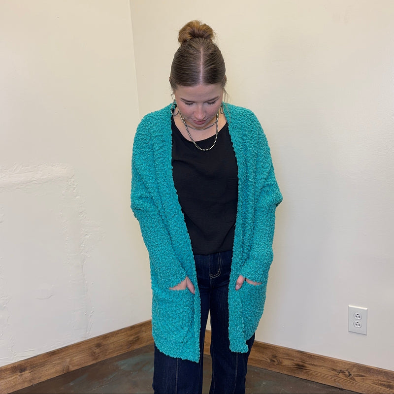 Turquoise Bubble Open Front w/ Pockets Long Sleeve Cardigan
