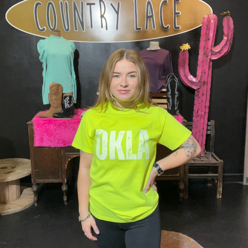 Neon Yellow with White Okla Crew Neck T-shirt / Small