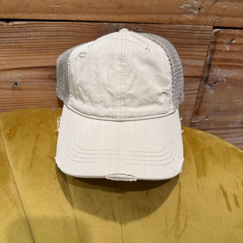 Beige Distressed Pony Tail C.C.Hat