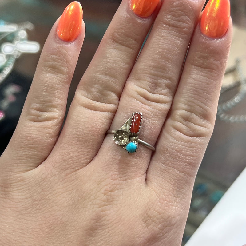 Dainty Turquoise & Red Coral with Sterling Silver flower Genuine Ring.