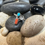 Dainty Turquoise & Red Coral with Sterling Silver flower Genuine Ring.