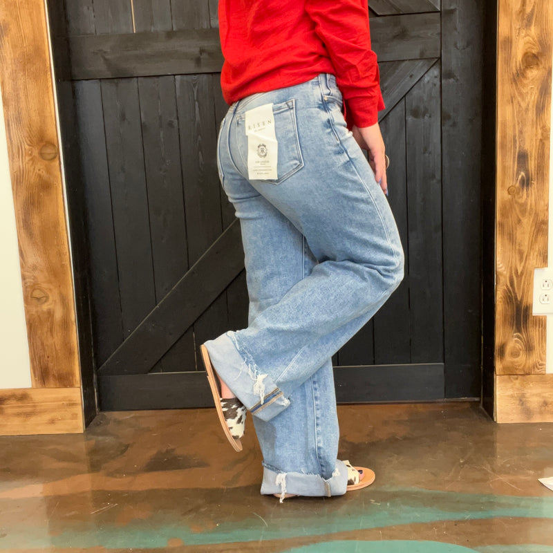 Tummy Control Mid Rise Wide with Distressing Risen Jeans