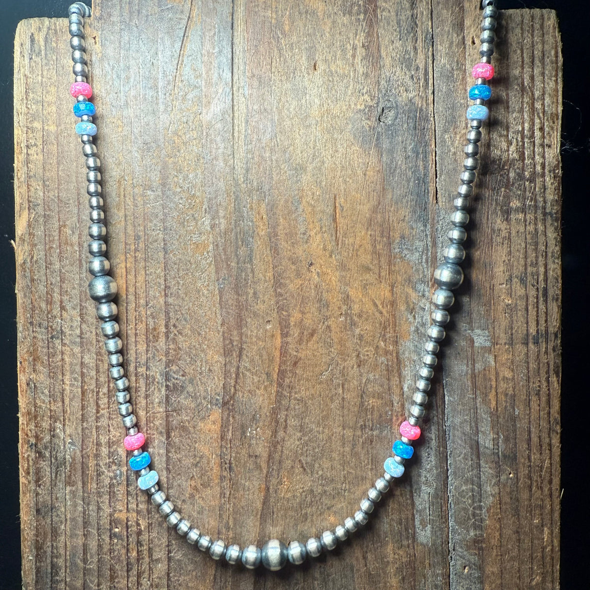 20 inch Patterned Navajo Pearl w/ Hot Pink, Blue, and White Opal Sterling Silver Necklace