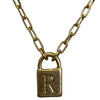 Gold chain with a padlock charm featuring a letter 'R' on a light gray background