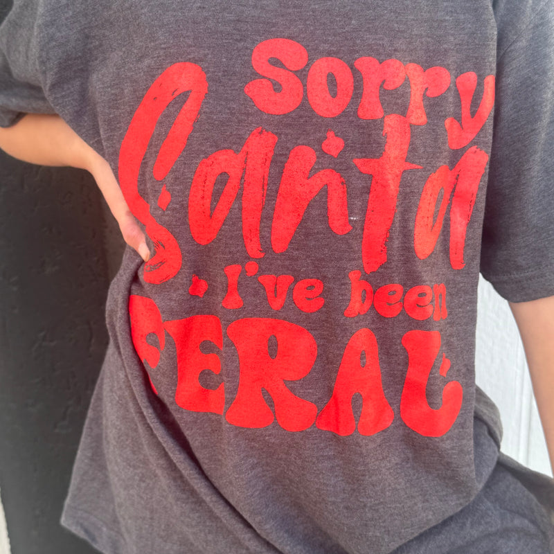 Kids Sorry Santa I've Been Feral Graphite Heather Grey with Red Crew Neck T-shirt