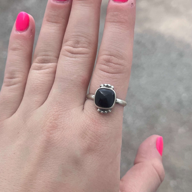 Square Black Onyx with Ball Detail Sterling Silver Ring
