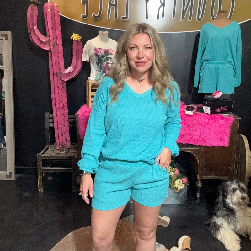 Turquoise Comfy Set Long Sleeve Top w/ Pockets Shorts