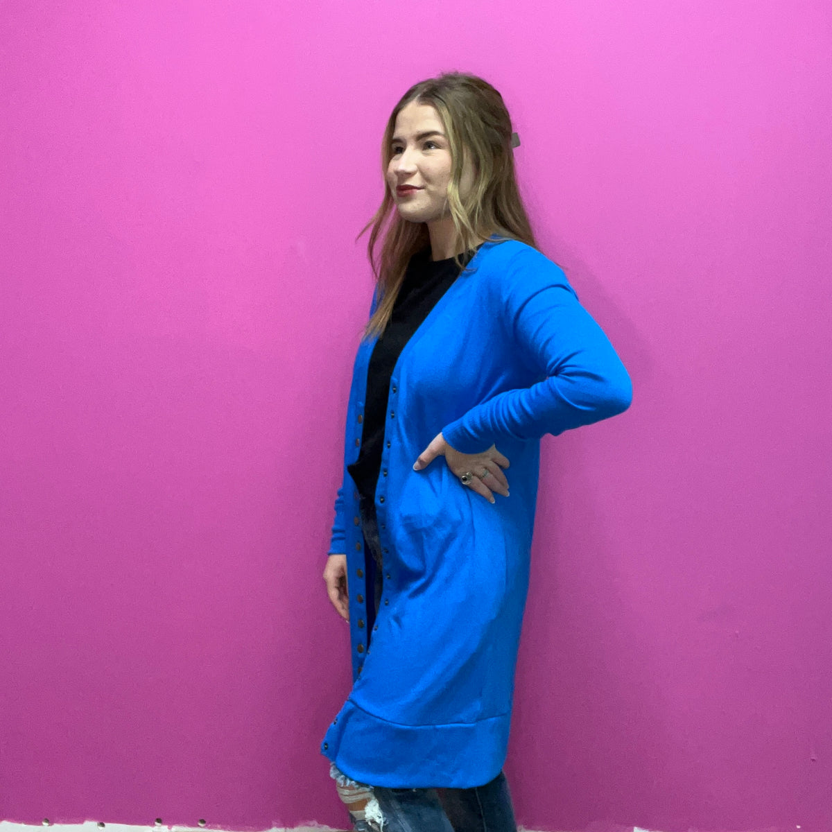 Blue Snap Down w/ Pockets Long Sleeve Soft Cardigan