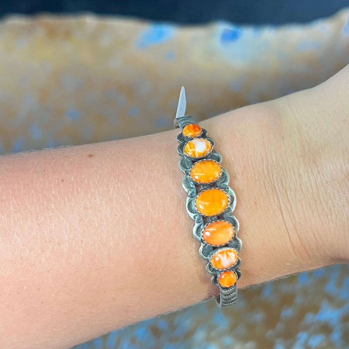 Authentic Orange Spiny with Detailed Cuff Sterling Silver Bracelet