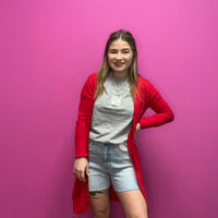 Red Snap Down w/ Pockets Long Sleeve Soft Cardigan