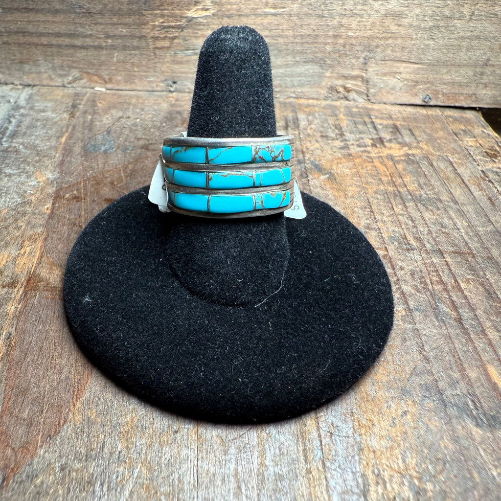 3 Row Inlay Kingman Turquoise Genuine Ring size 7
