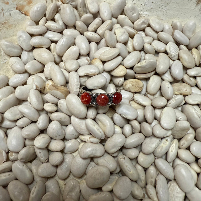 3 Stone Red Coral Detail Band Genuine Ring