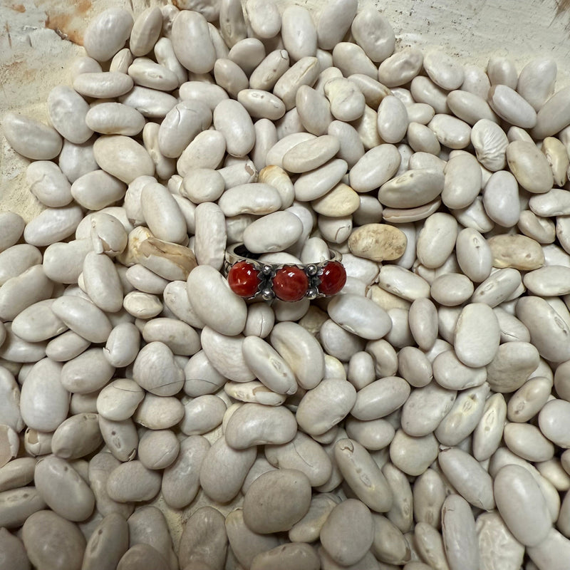 3 Stone Red Coral Detail Band Genuine Ring