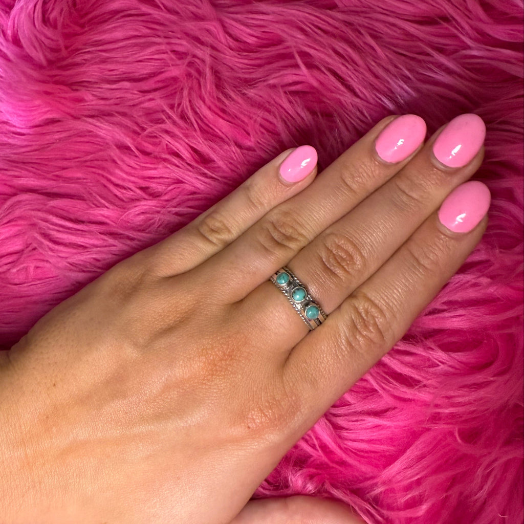 3 Stone Turquoise Dainty Detail Band Genuine Ring88
