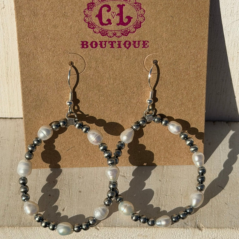 3mm Navajo Pearl & Fresh Water Pearls Hoop French Hook Sterling Silver Earring - Country Lace Boutique
