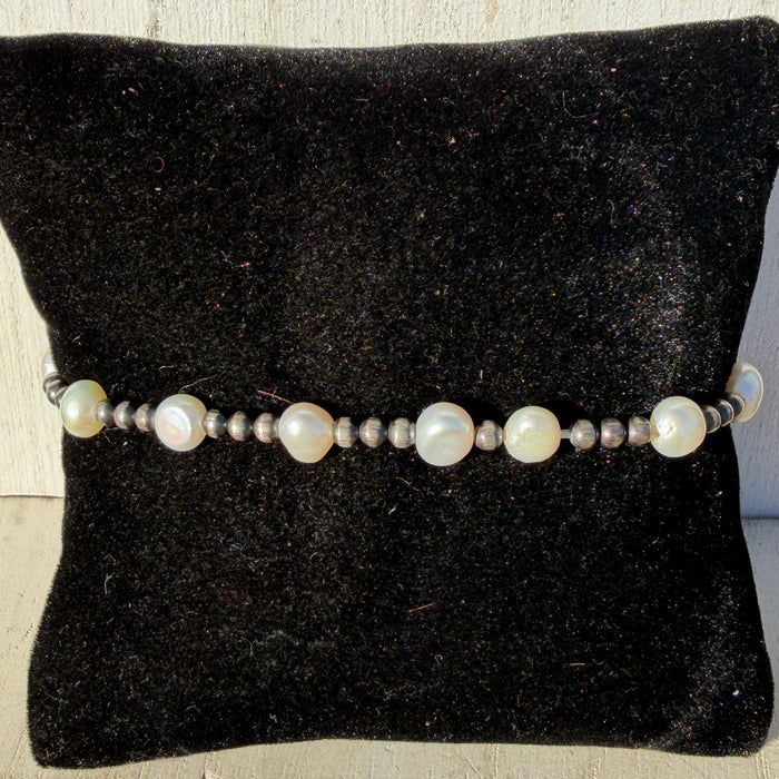 3mm Navajo Pearl & Fresh Water Pearls Patterned Stretchy Sterling Silver Bracelet - Country Lace Boutique