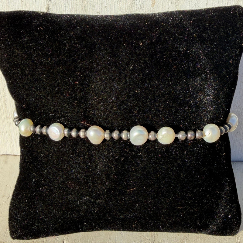 3mm Navajo Pearl & Fresh Water Pearls Patterned Stretchy Sterling Silver Bracelet - Country Lace Boutique