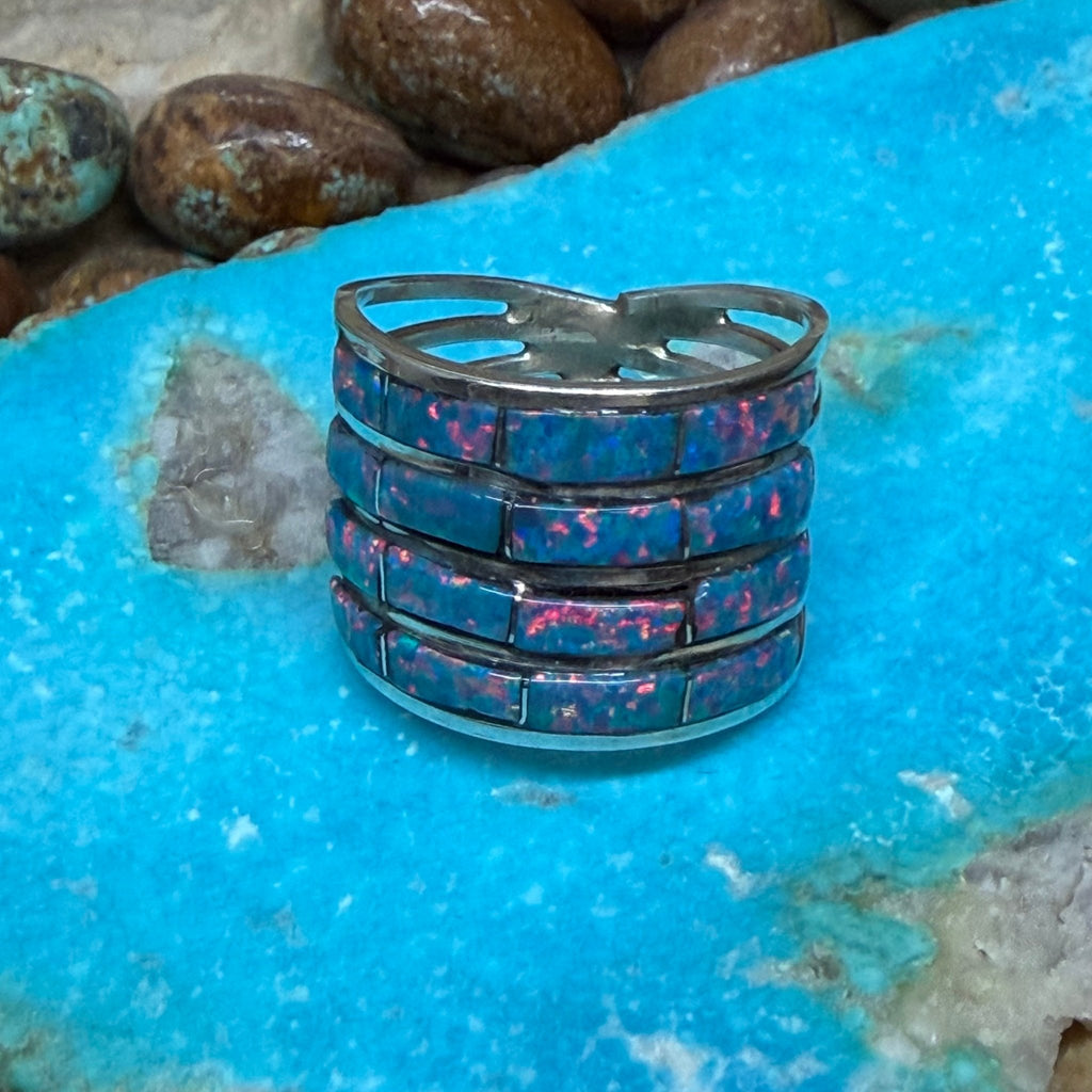 4 Row Blue Opal inlay Sterling Silver Ring size 9 - Country Lace Boutique