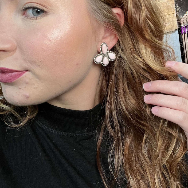 4 Stone Pink Conch Fan Post Sterling Silver Earring - Country Lace Boutique