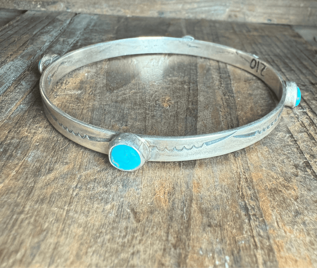 4 Turquoise Stone with Stamped Sterling Silver Bangle Bracelet - Country Lace Boutique