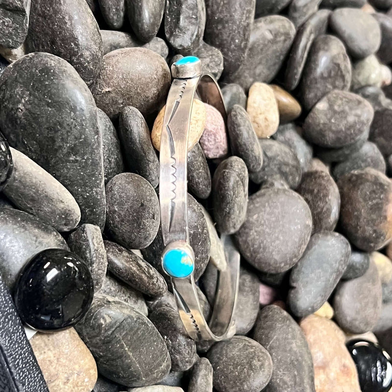 4 Turquoise Stone with Stamped Sterling Silver Bangle Bracelet - Country Lace Boutique