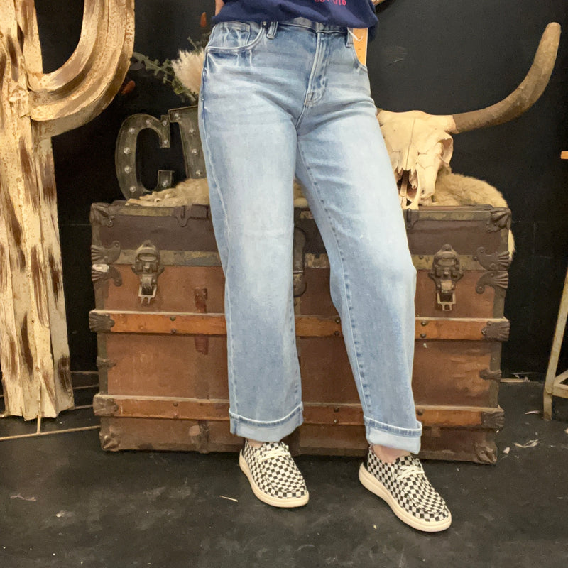 Light Wash Mid Rise Ankle Boyfriend Turn Cuffed Risen Jeans